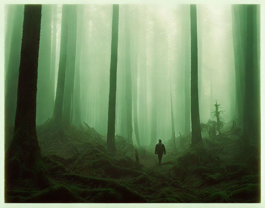 Solitary Figure Walking Through Misty Moss-Covered Forest