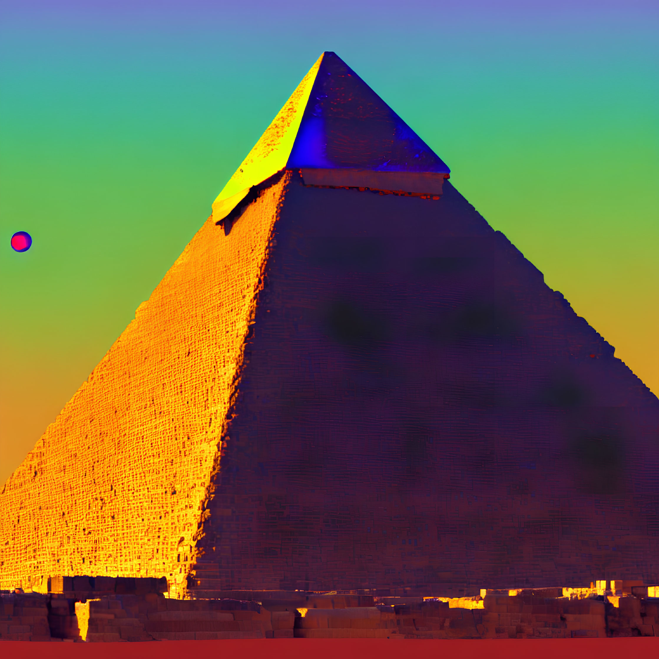 Vibrant pyramid with glowing capstone against gradient sky.