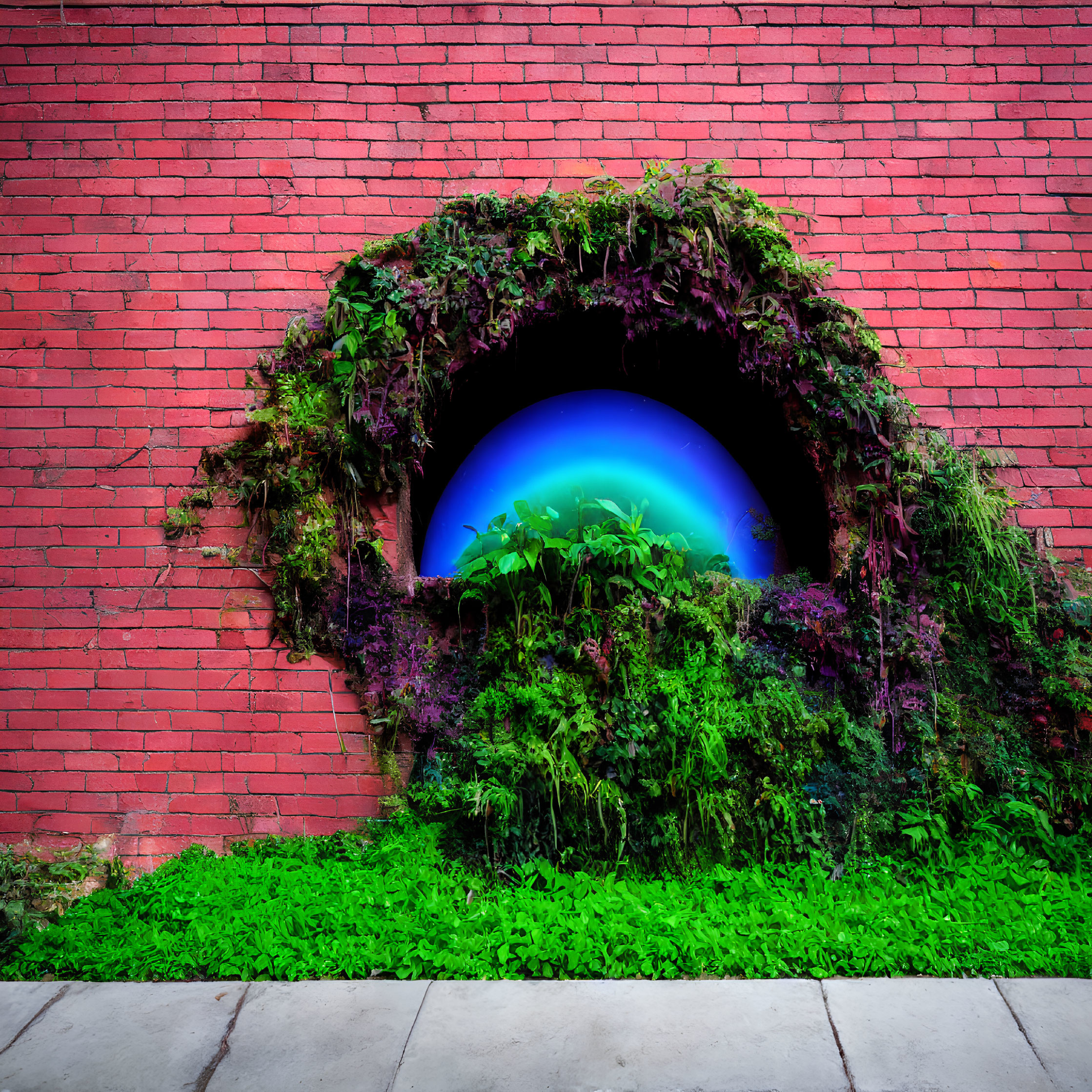 Circular portal with lush green foliage on red brick wall