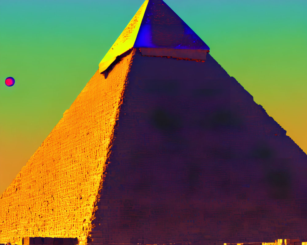 Vibrant pyramid with glowing capstone against gradient sky.