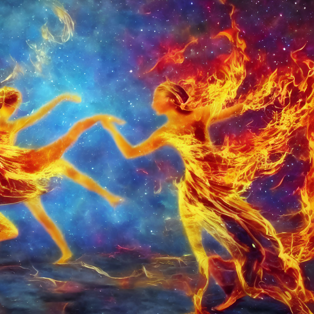 Flaming human figures reaching in cosmic starry scene