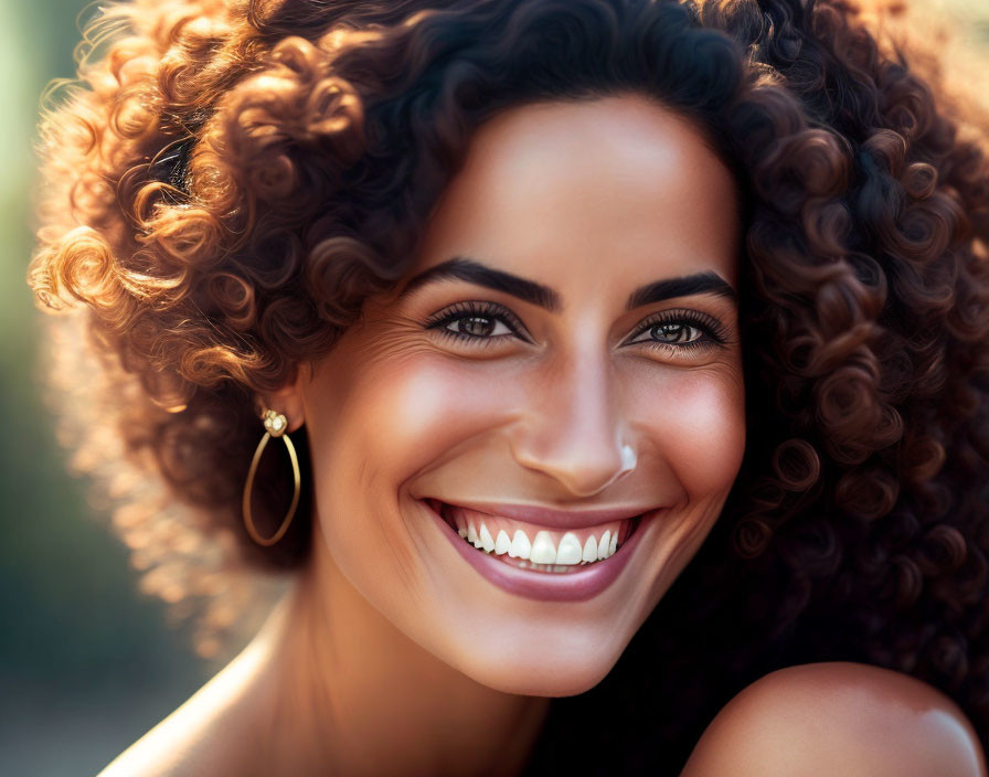 Curly-haired woman with bright smile and earrings