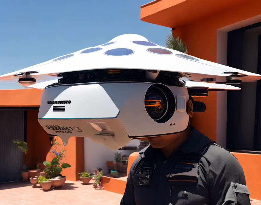 Futuristic white and black helmet near orange building