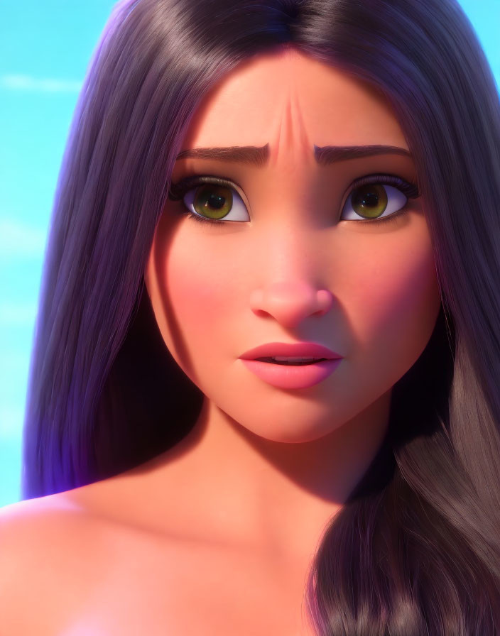 Close-Up of 3D-Animated Female Character with Purple Hair and Green Eyes