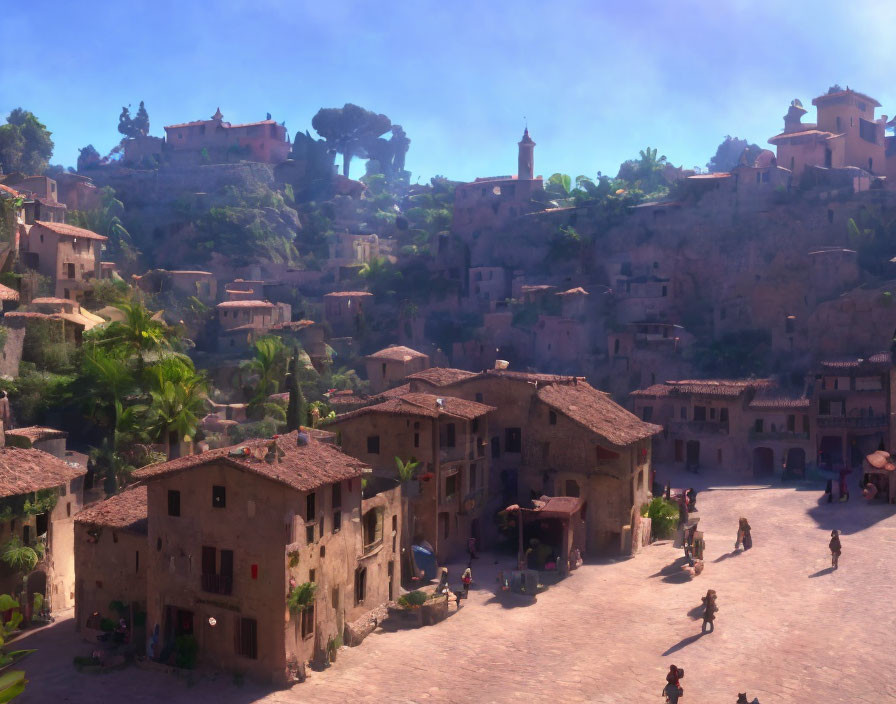 Idyllic old village with terracotta-roofed houses and lush surroundings.