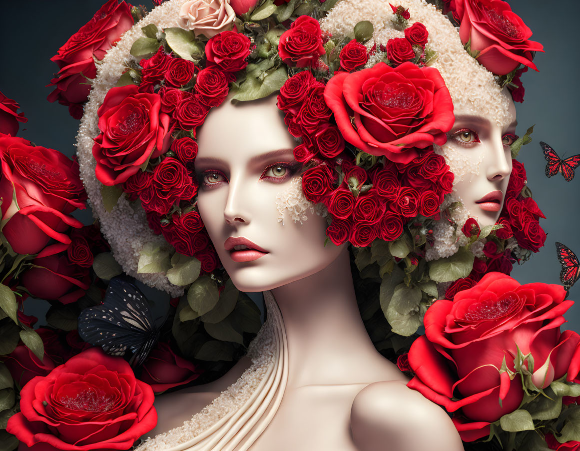 Women in floral headpieces with red roses and butterflies, one facing forward, one sideways