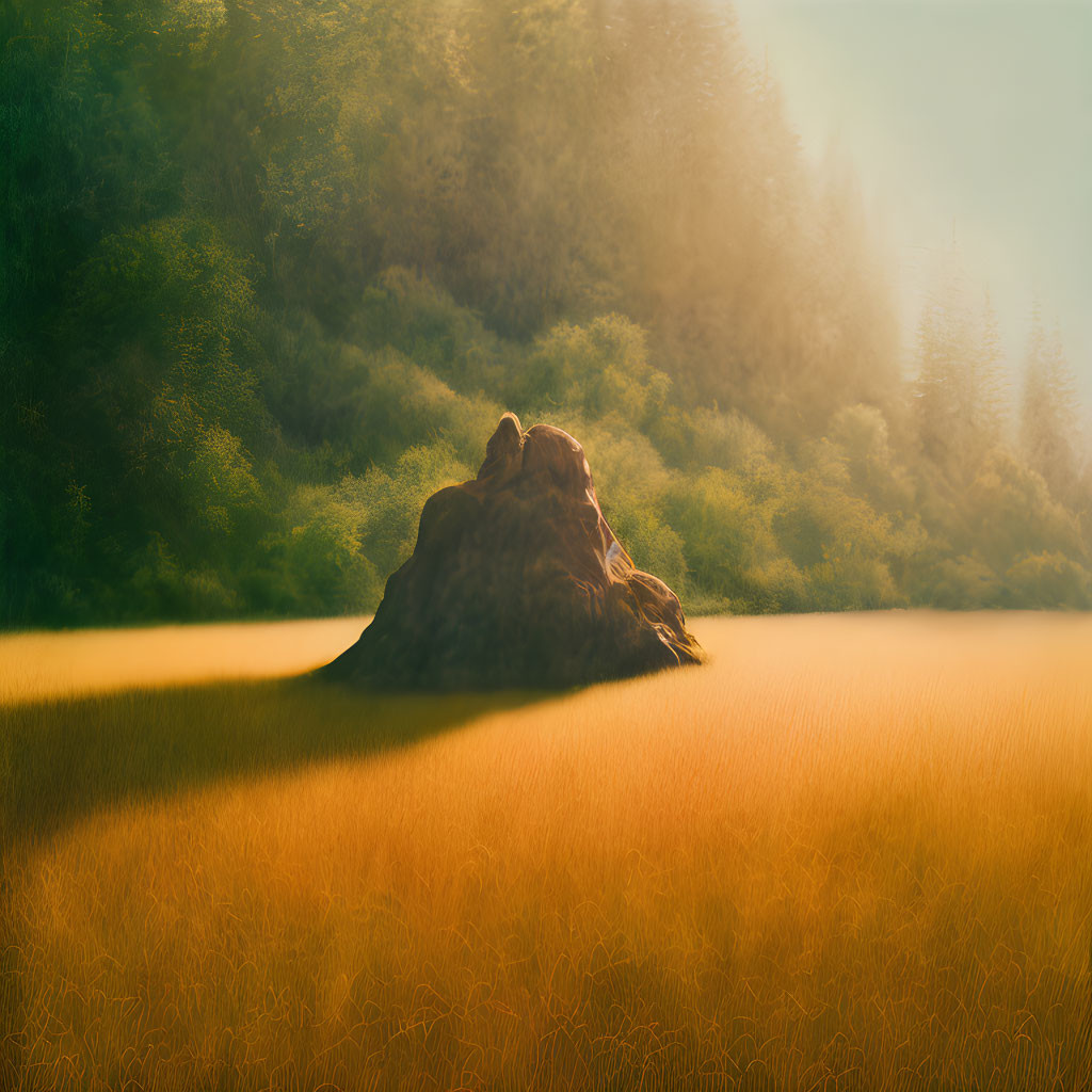 Tranquil landscape with rocky outcrop, golden grass, and lush green forests