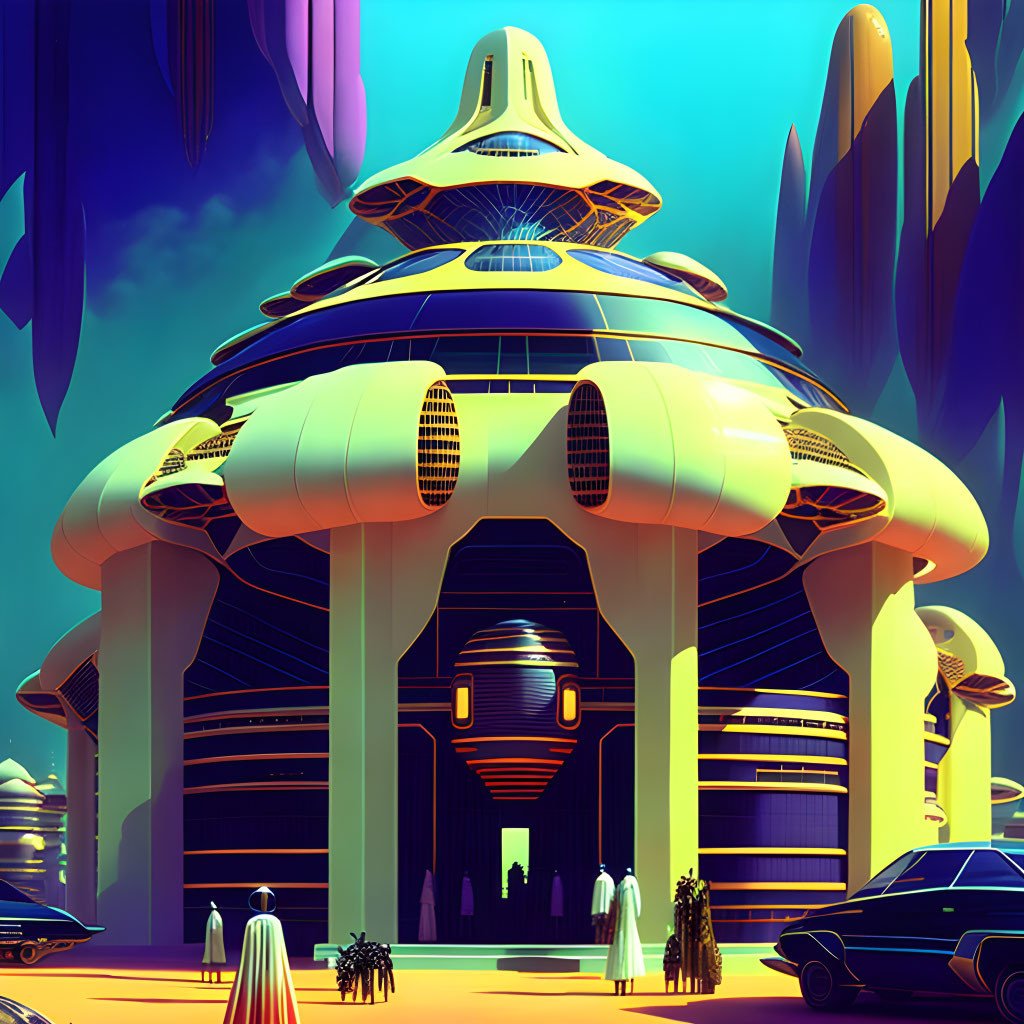 Futuristic cityscape with alien-like structures and retro-futuristic car under pastel sky