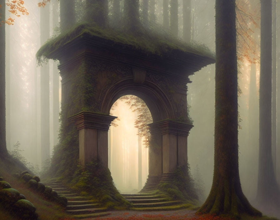 Moss-covered stone archway in misty woods with sunlight filtering through trees