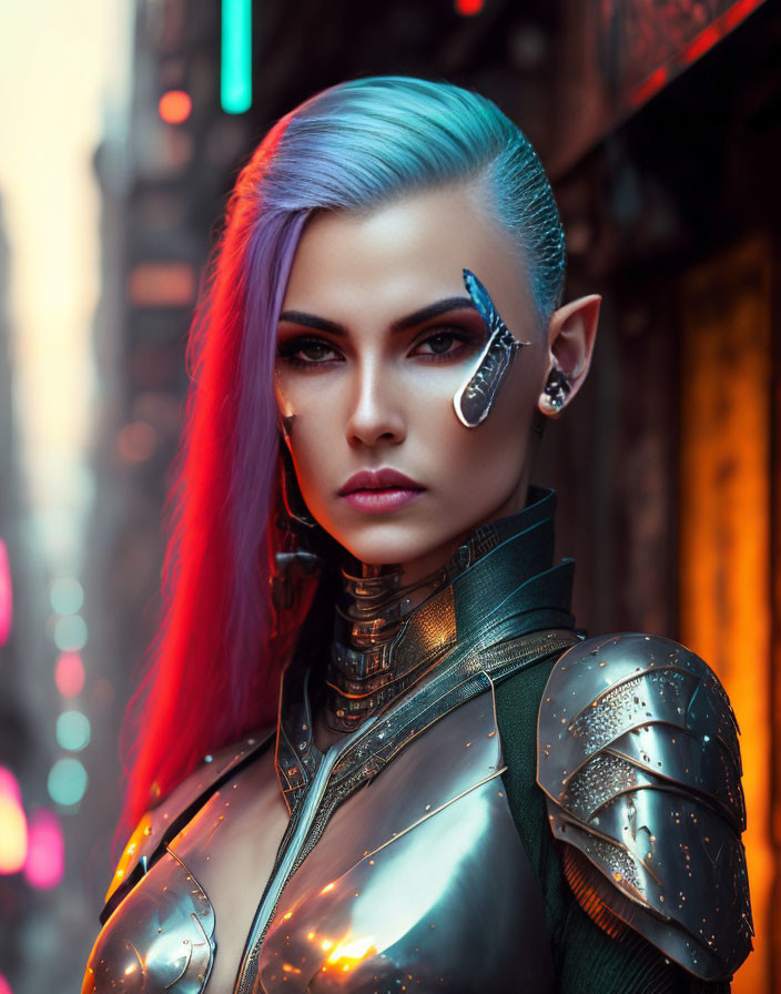 Blue and Purple Hair, Cybernetic Eye-Piece, Metallic Armor on Neon Background