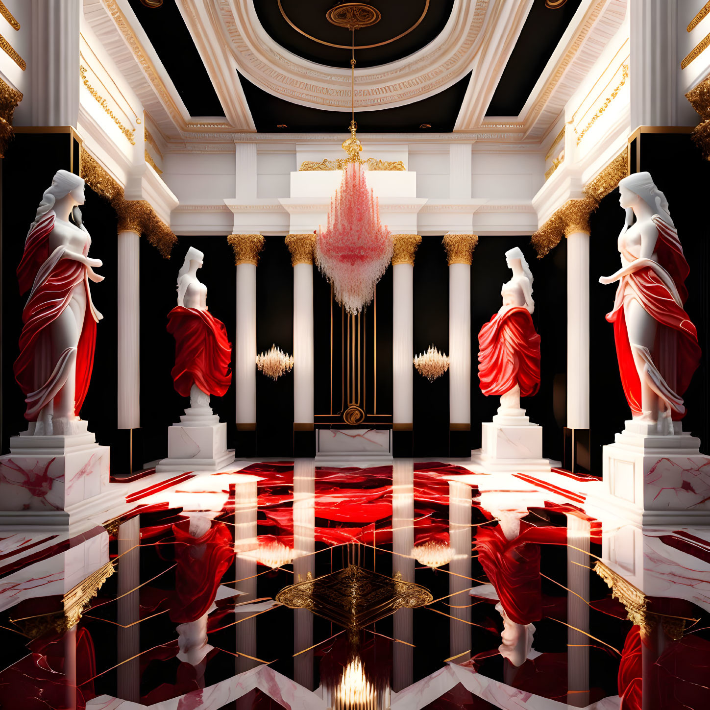 Luxurious Interior with Red Floor, White Statues, Golden Accents, and Chandelier