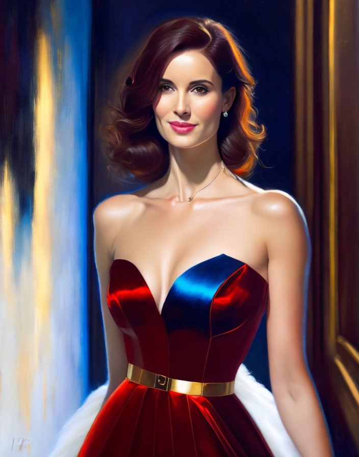 Chestnut-haired woman in red & blue strapless gown with gold accessories on blurred backdrop