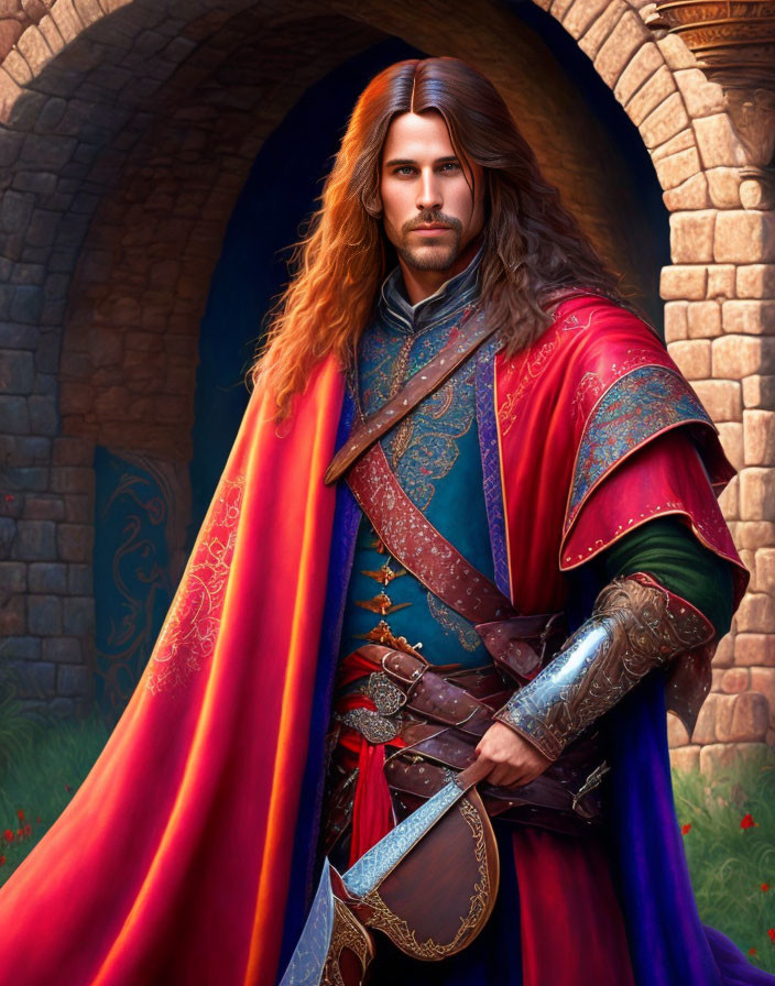 Regal man in medieval armor with red cloak in digital art