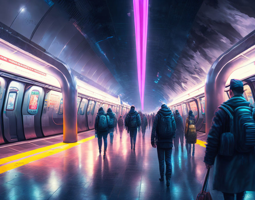 Futuristic Subway Station with Neon Lighting and Purple Streak