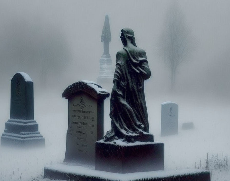 Snow-covered cemetery with fog and draped statue