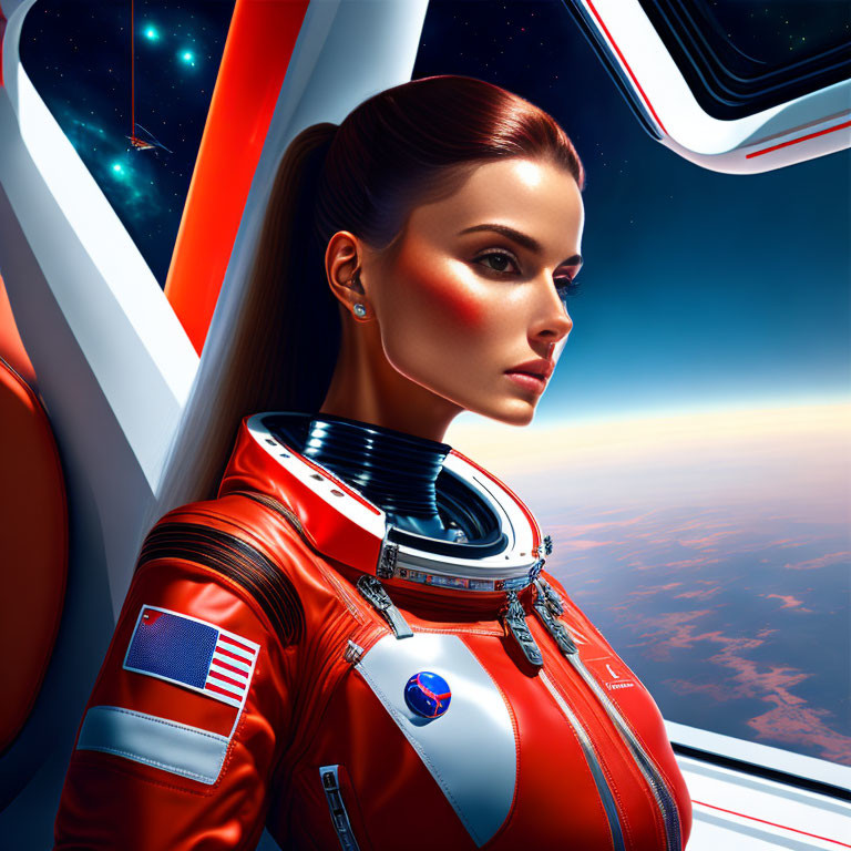 Futuristic digital artwork of woman in red spacesuit gazing at Earth from spacecraft.