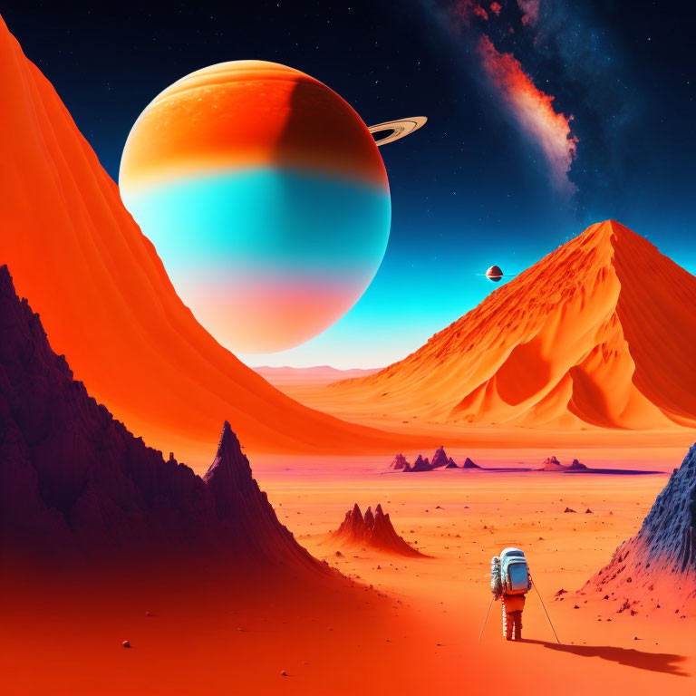 Orange Sand Dunes and Saturn-like Planets in Sci-Fi Landscape