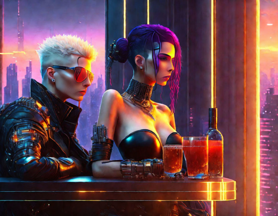 Futuristic individuals in cyberpunk setting with neon lights