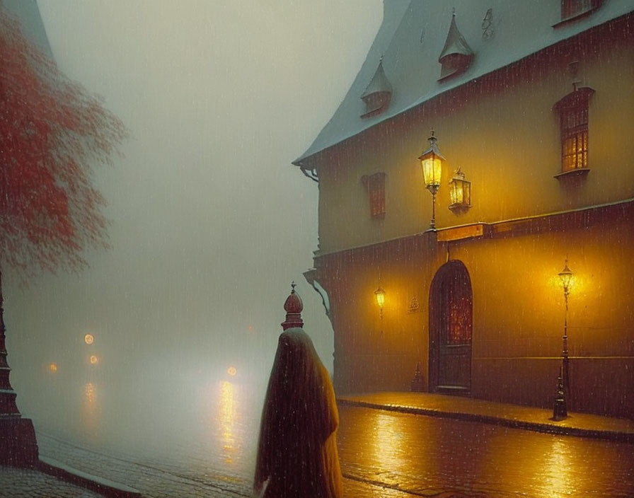 Person in Yellow Coat on Foggy, Lamplit Street by Orange Building