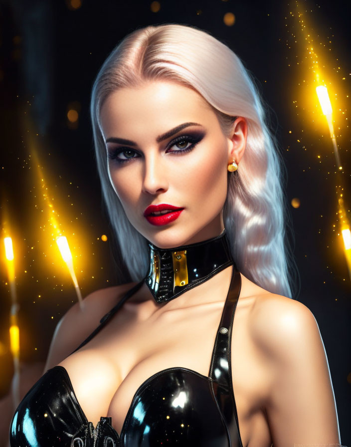 Platinum blonde woman in dark makeup and red lipstick on golden sparkles