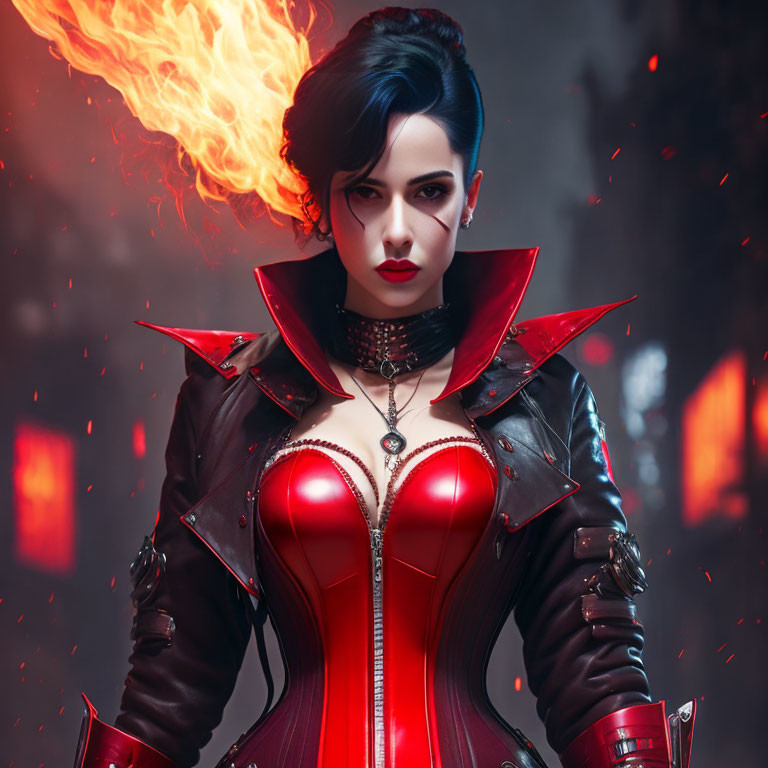 Woman with dramatic makeup and dark hair in wave style, wearing red and black costume with fiery hand effect