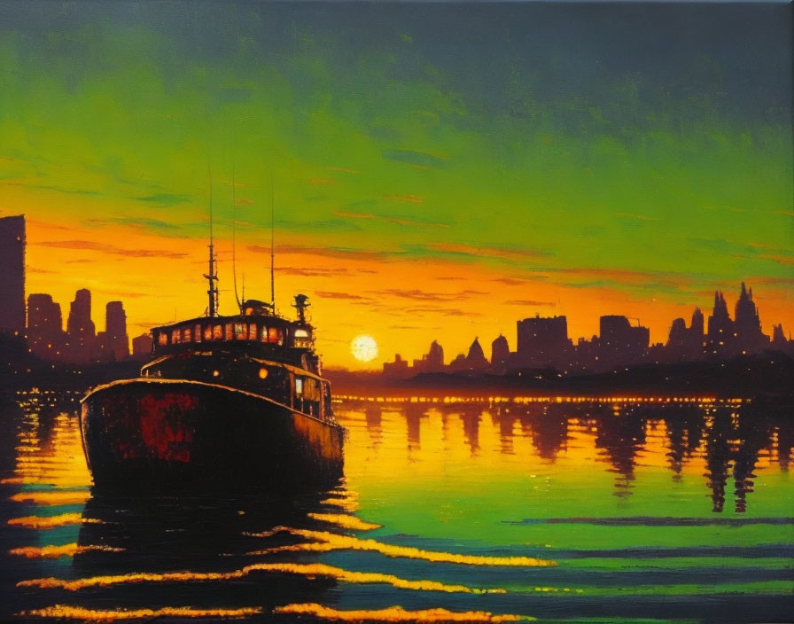 Boat on Calm Waters at Sunset with City Skyline Silhouette