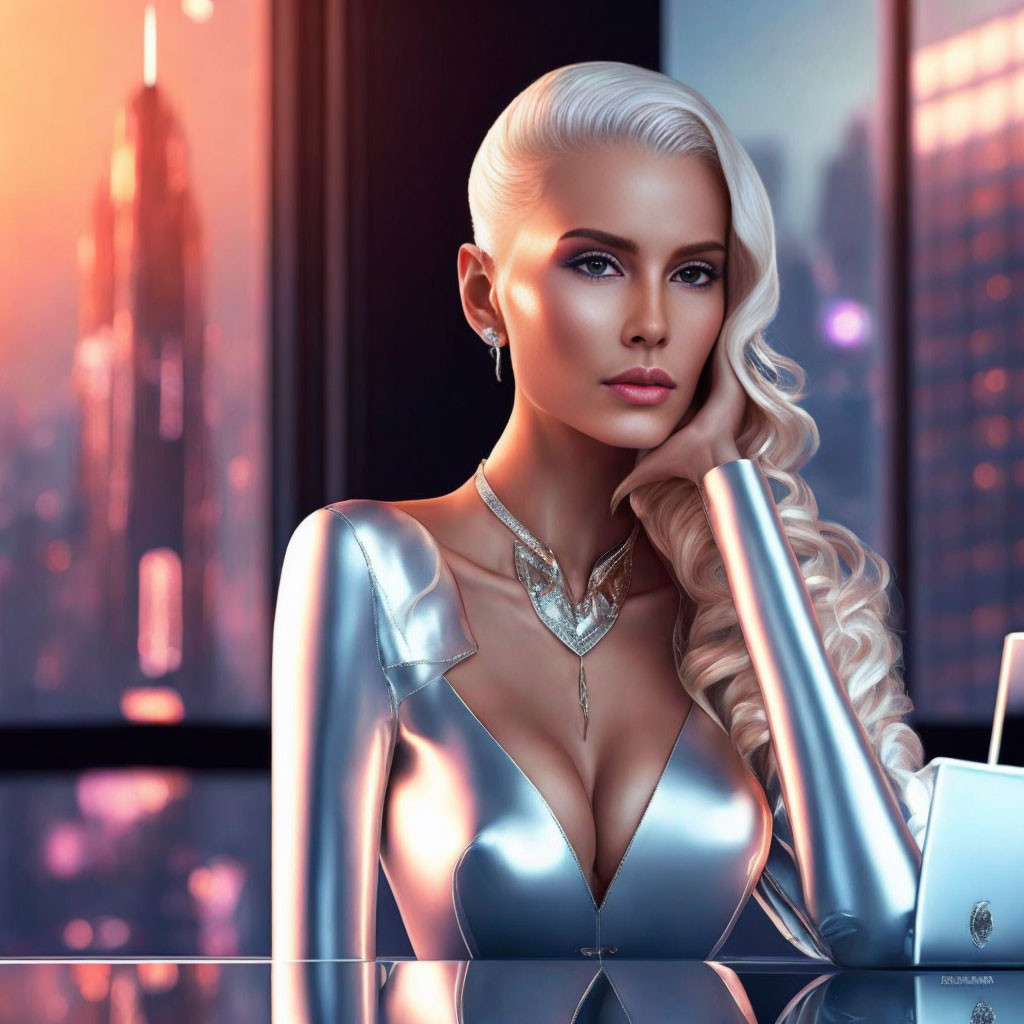 Futuristic digital artwork of woman with platinum blonde hair in silver outfit against cityscape