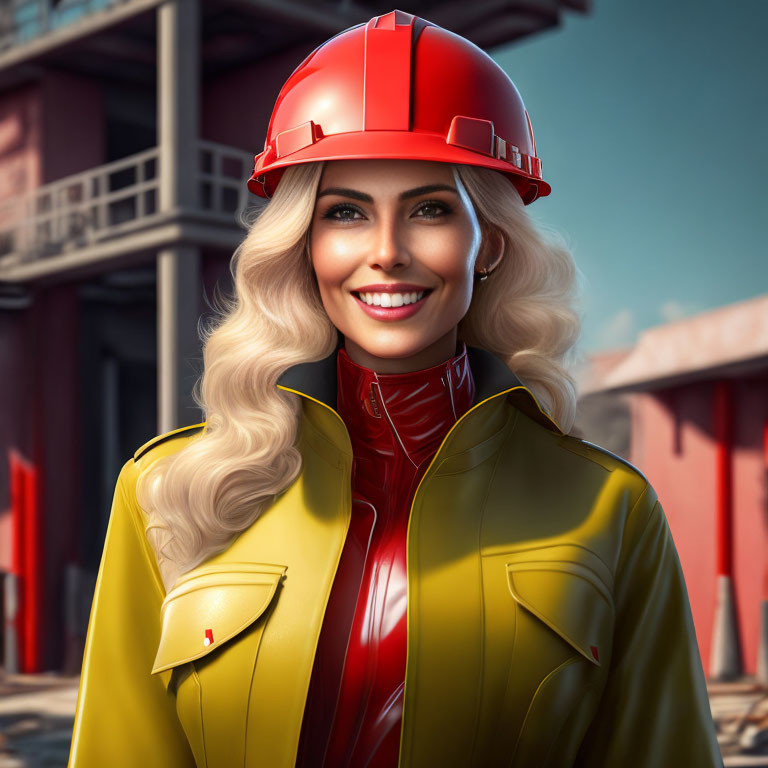 Blonde person in red hard hat and yellow-red outfit in industrial setting