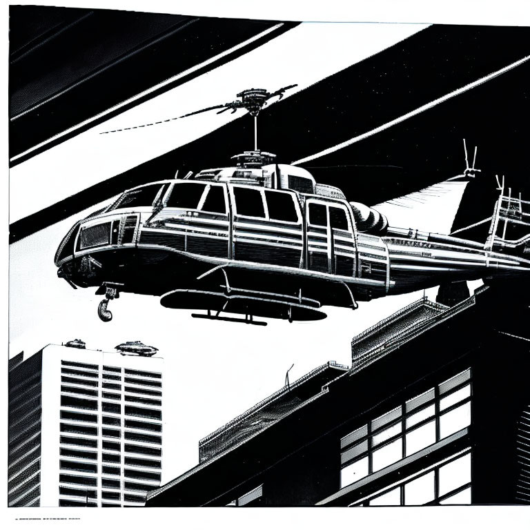 Monochrome helicopter flying amid skyscrapers with striking light and shadow contrast