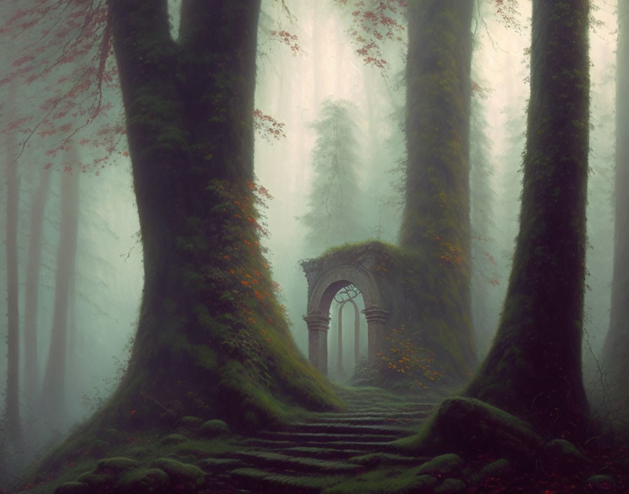 Mystical forest scene with towering trees, stone archway, stairway, and ethereal light