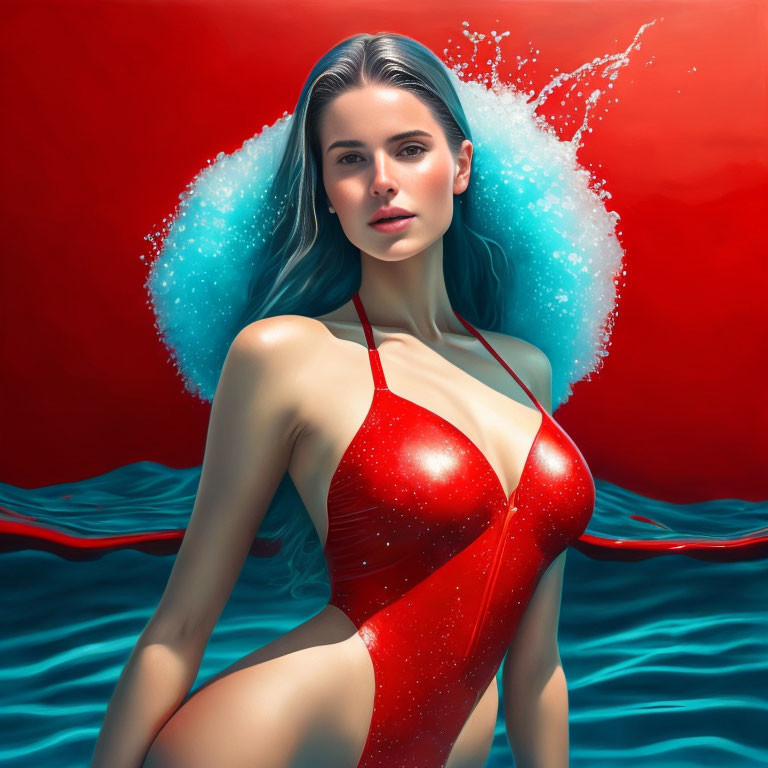 Woman in Red Swimsuit Emerges from Blue Water