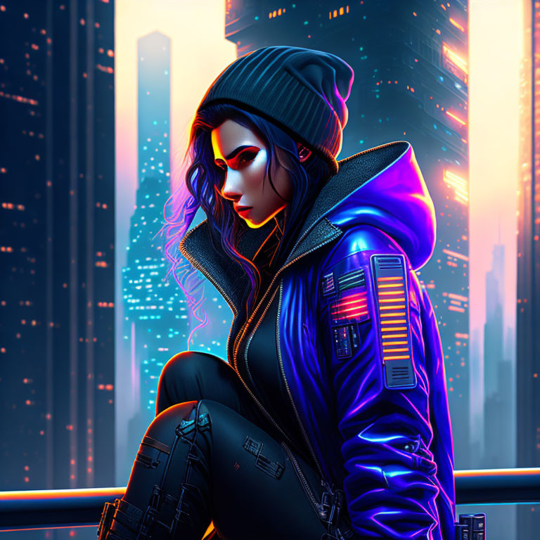 Futuristic city digital artwork with neon colors & cyberpunk theme