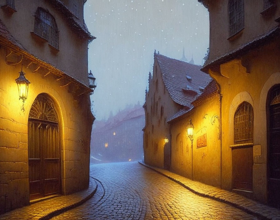 Snowy cobblestone street at night with warm street lights and European-style buildings