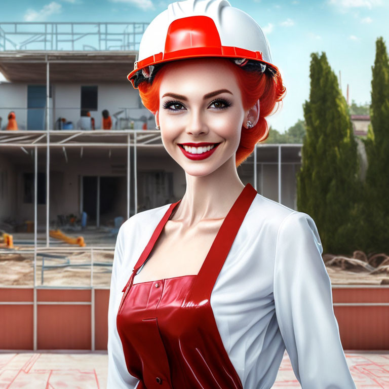 Red-Haired Woman in White Shirt and Overalls at Construction Site