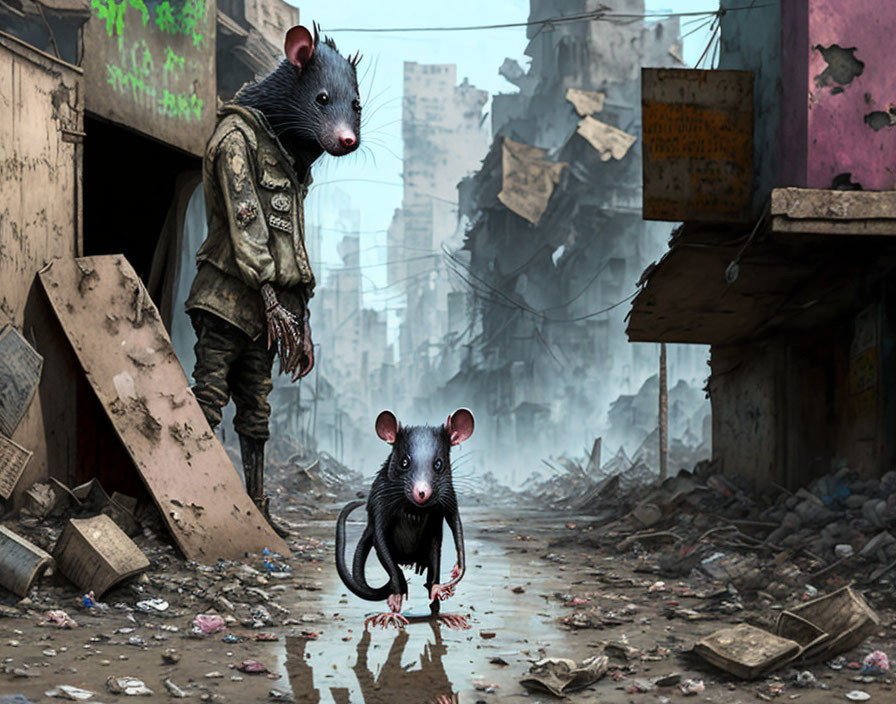 Anthropomorphic rats in jackets in urban alleyway scene