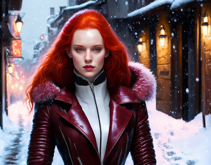 Red-haired woman in red jacket against snowy street