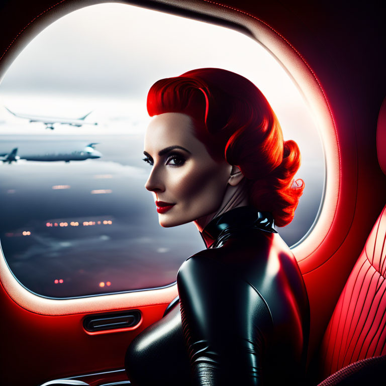 Stylized image of red-haired woman in black outfit by airplane window