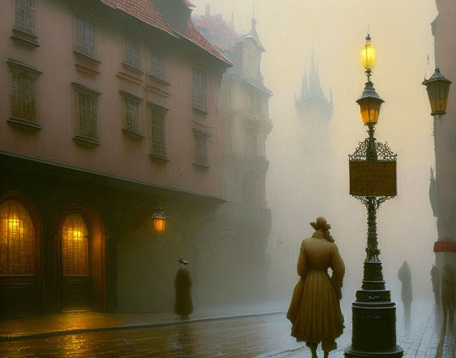 Foggy cobblestone street with old-fashioned street lamps and person in period clothing