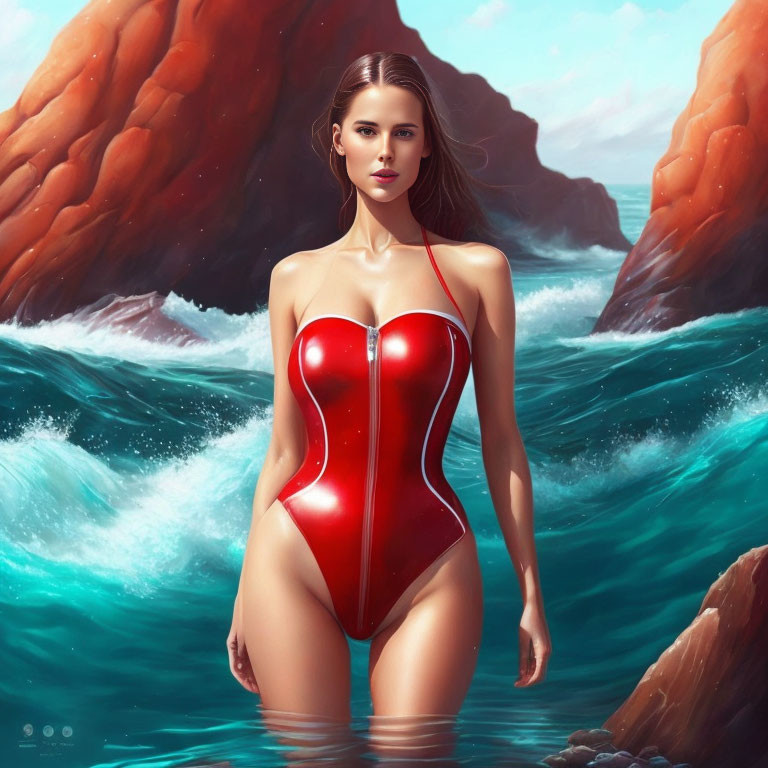 Digital artwork: Woman in red swimsuit by the sea with rocks and waves