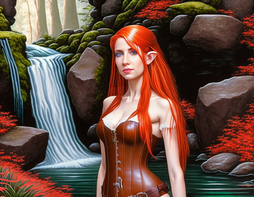 Illustrated female figure with red hair in brown corset by waterfall.