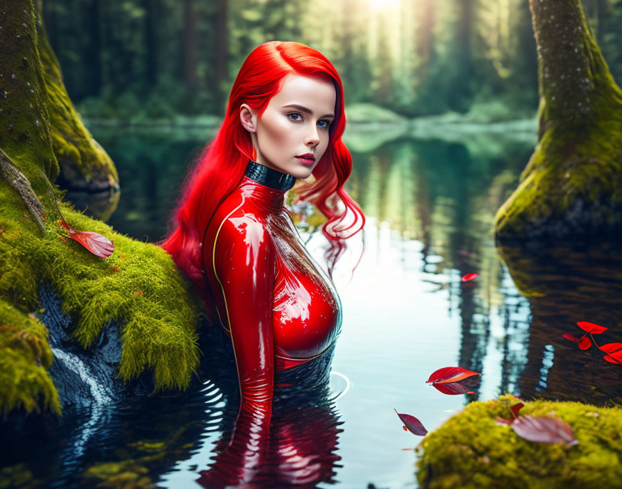 Vibrant red-haired woman blending into forested waterscape with floating leaves