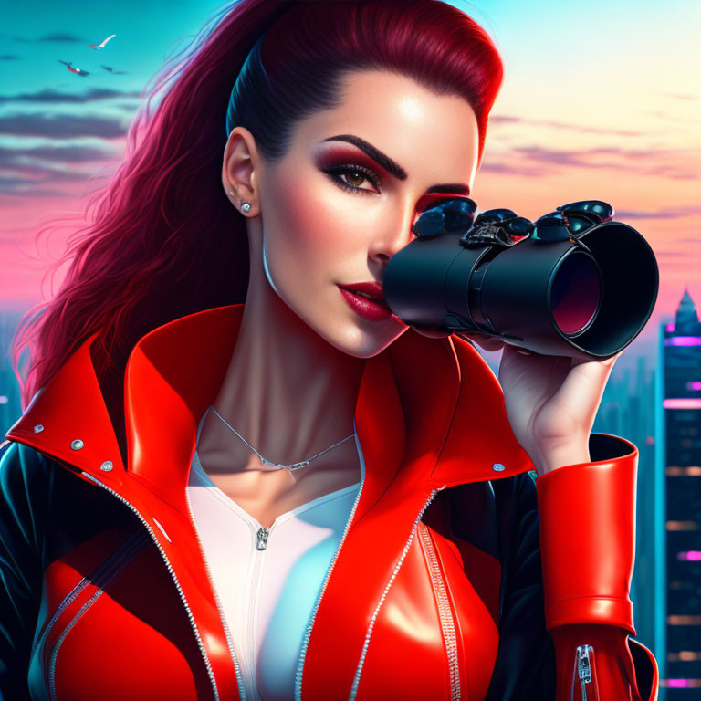 Digital illustration of red-haired woman in leather jacket with binoculars in neon-lit cityscape