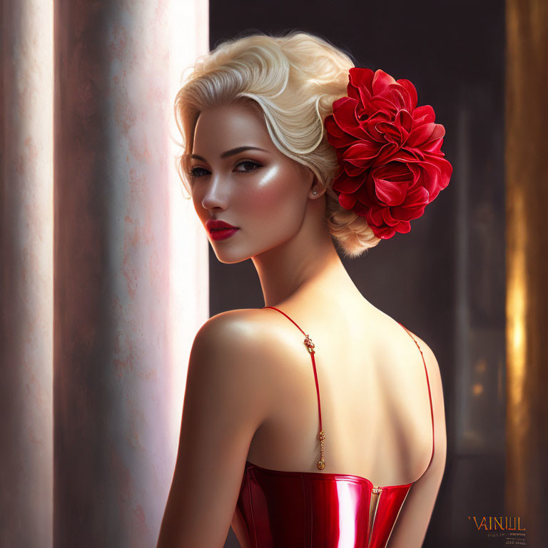 Platinum blonde woman with red flower and lipstick in digital art