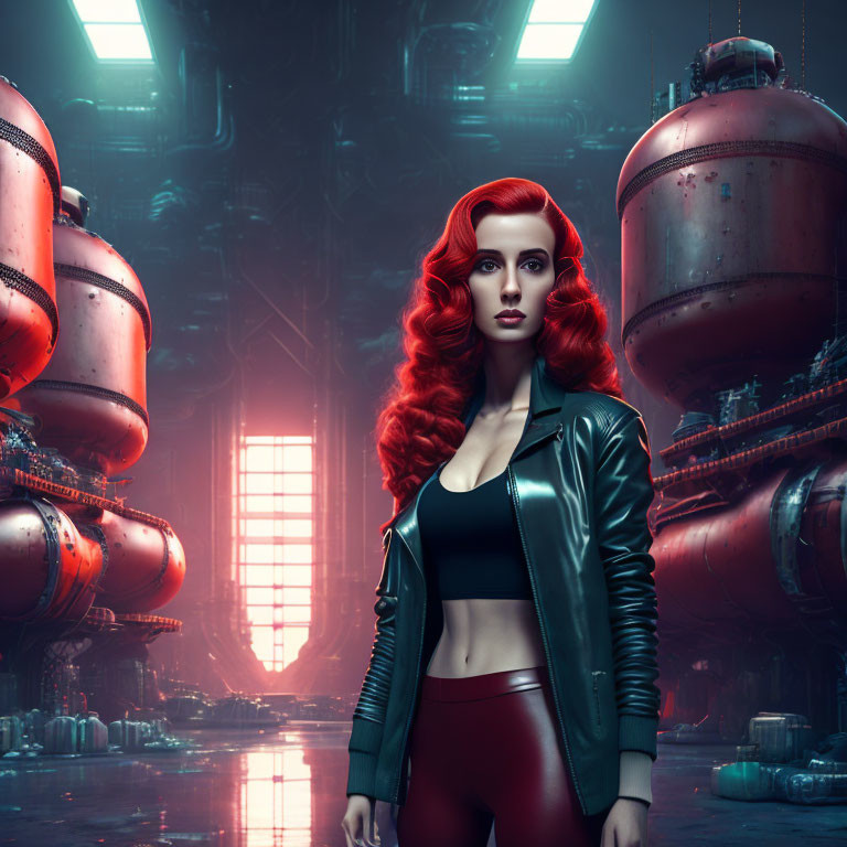 Vibrant red-haired woman in leather attire in futuristic industrial setting