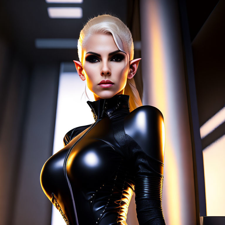 Blonde woman with elf-like ears in black bodysuit on golden background