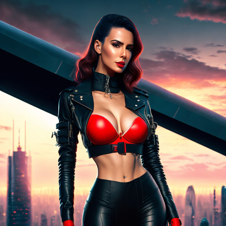 Stylized female figure in black leather outfit against sunset cityscape