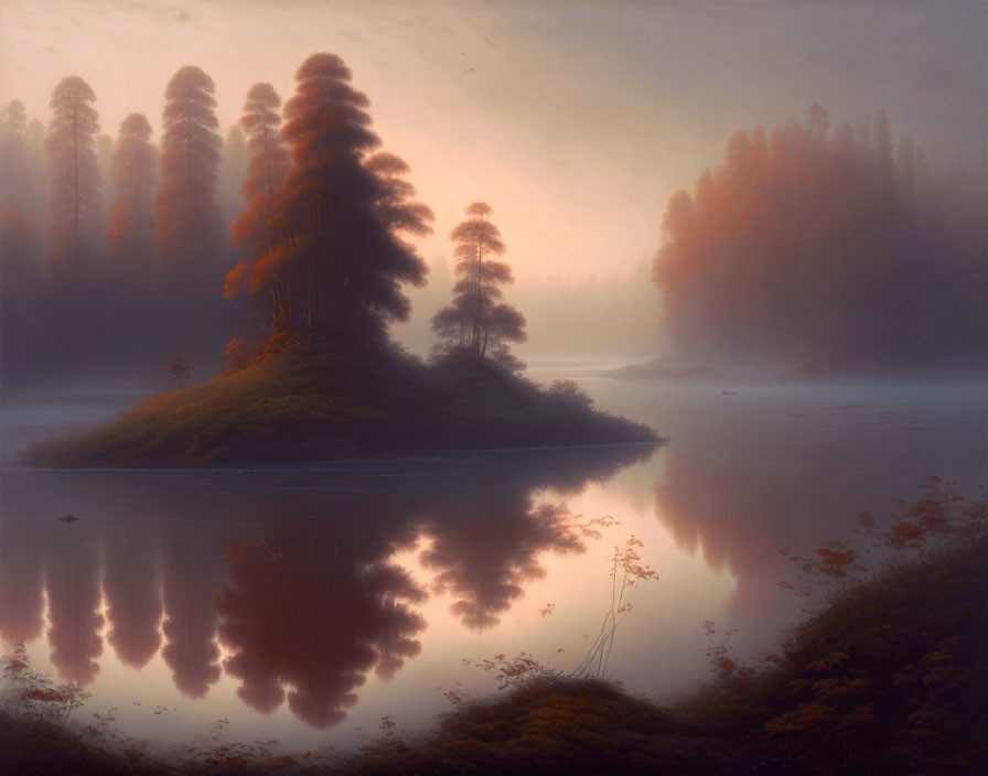 Tranquil twilight scene of misty lake with autumn trees on small island