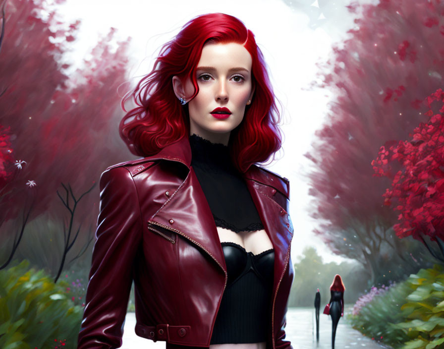 Vibrant red-haired woman in red leather jacket standing in garden with red foliage