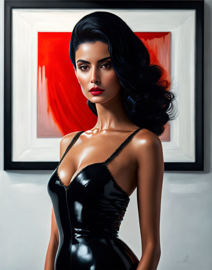 Stylized portrait of woman in black latex dress with red lipstick