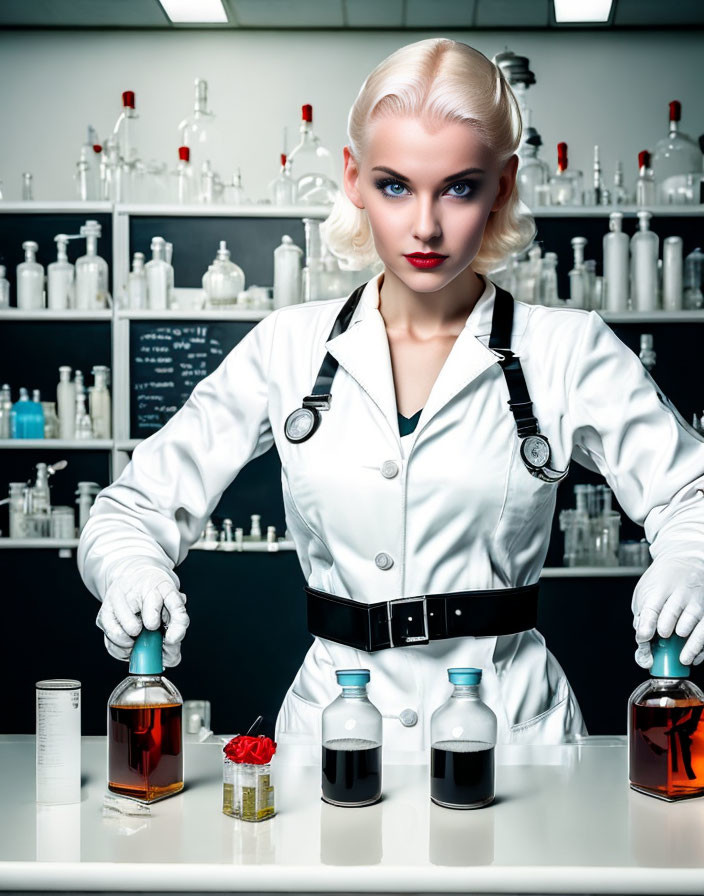 Platinum blonde woman scientist in lab coat and gloves with beakers